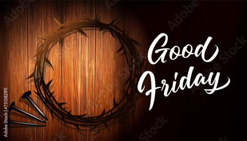 Crown of thorns and nails on dark wooden background Good Friday concept. Christian design for Easter banner, poster or web post. Vector illustration