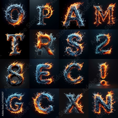 Lettering Typeface That Blends water and fire. AI generated illustration