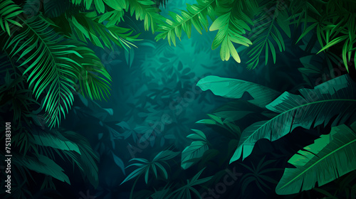 Lush tropical leaves forming a frame  wide banner with copy space  perfect for nature-themed wallpaper. 