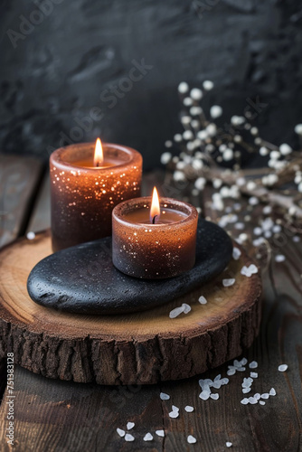 Candles an black hot stone on wooden background, selective focus, Generative AI,