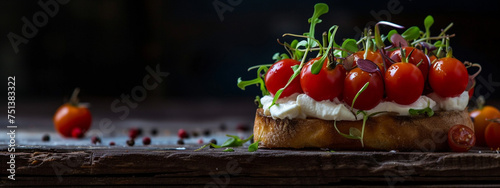 toast with cream cheese, cherry tomatoes and microgreens. Healthy breakfast concept. selective focus, Generative AI,