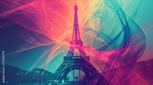 Enchanting Eiffel: Artistic Illustration of the Eiffel Tower, a Unique Composition with Vibrant Colors, Symbolizing Olympic Spirit in France