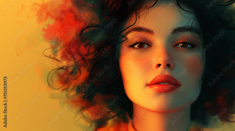 Unreal beautiful woman with curly hair and good make up on colourful background. Selective focus. Copy space. Woman beauty concept.