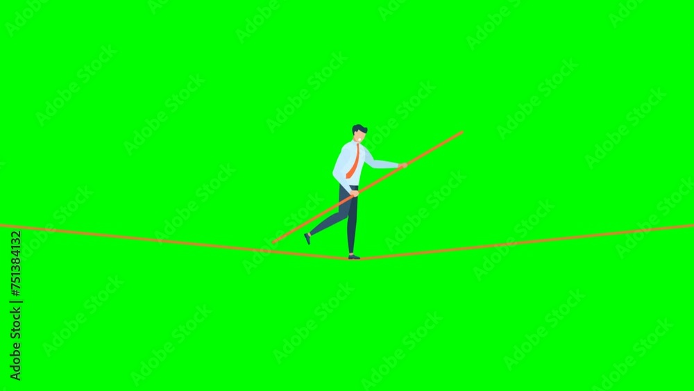 Business risk. Professional strategy. A man walks over gap as tightrope walker. Businessman walking tightrope. Funambulist. Balance-master. 2d flat animation. Alpha channel. Green screen. Chroma key