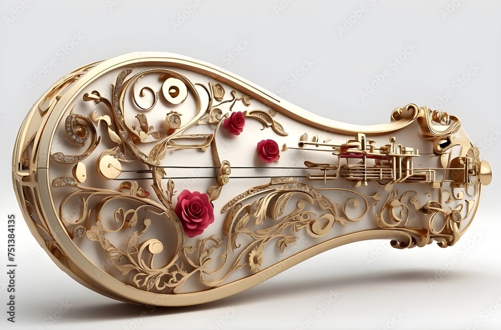 Golden Harmony: An Exquisite Violin Adorned with Intricate Carvings and Blooming Roses, Showcasing the Perfect Blend of Music and Visual Artistry, generative AI Golden Harmony: An Exquisite Violin Adorned with Intricate Carvings and Blooming Roses, Showcasing the Perfect Blend of Music and Visual Artistry, generative AI