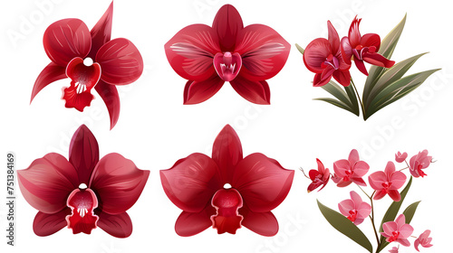 Set of red tropical orchid flower elements isolated on transparent background