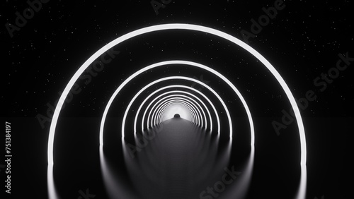 3d abstract white neon glowing laser futuristic tunnel. Room light space technology stage floor background. Retro corridor render modern interior silver road in black space