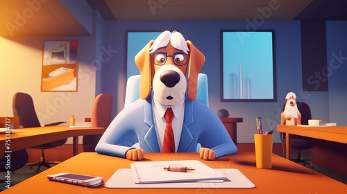Business dog attending a board meeting wide shot eye level angle pastel colors background 3D Animation minimalist cute