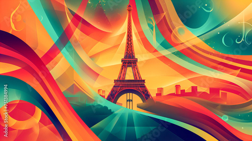 Artistic Illustration of the Eiffel Tower, a Unique Composition with Vibrant Colors, Symbolizing Olympic Spirit in France