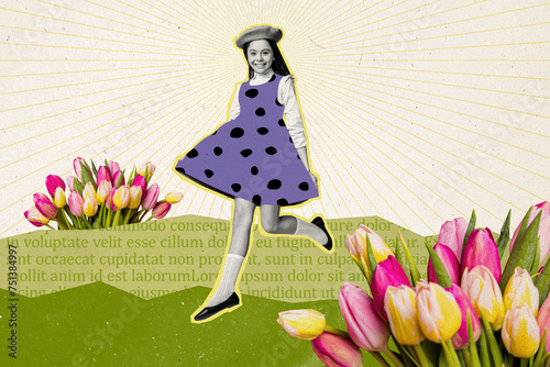 Banner collage picture of cheerful cute girl dressed dotted print sarafan running filed meadow isolated on drawing background © deagreez