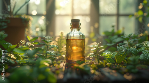 Nature's Apothecary: Close-up of Herbal Sprigs Surrounding an Elegant Oil Bottle, Symbolizing the Fusion of Botanical Healing and Aromatherapy. Generative AI.