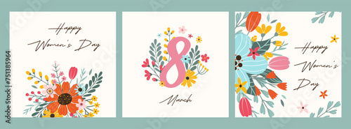 Set 3 square greeting cards for Happy Women's Day and 8 March. Abstract hand drawn flower bouquets and handwritten typography. Vector template in flat style for poster, banner, social media.