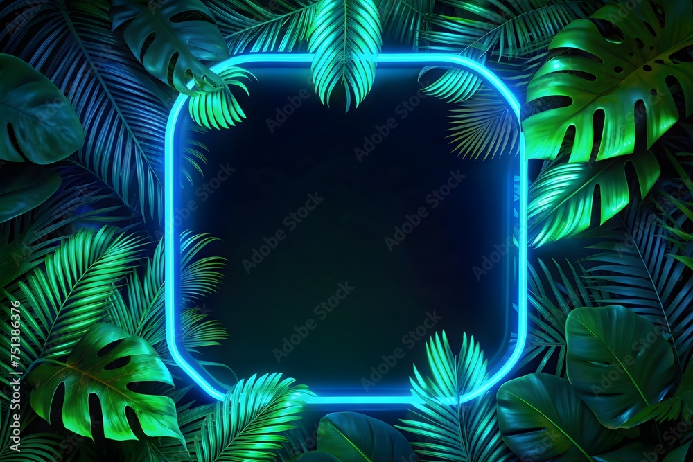 abstract green tropical leaves and neon lights on background neon frame with palm leaf and glowing neon lights