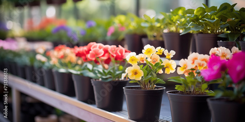 Spring flowers in pots. Happy Easter background. Seedlings and gardening, flower shop. Mother's Day. International Women's Day.