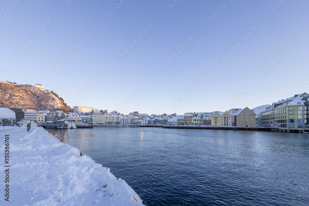 	
The Jugend city Aalesund (Ålesund) harbor on a beautiful cold winter's day. Møre and Romsdal county	
