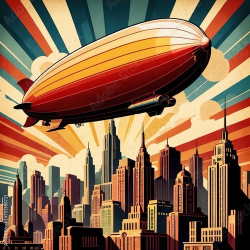 Blimp floating over city, retro art deco vintage illustration