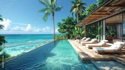 Tropical Paradise Villa:  A breathtaking modern villa perched on a cliff overlooking the turquoise waters of the ocean, featuring a stunning infinity pool and lush tropical greenery.  Escape to tranqu