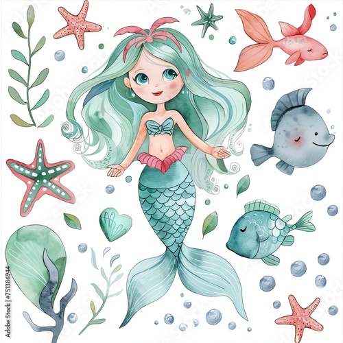 Watercolor Illustration clipart set of cute character mermaid and elements isolated on white background. AI Generative