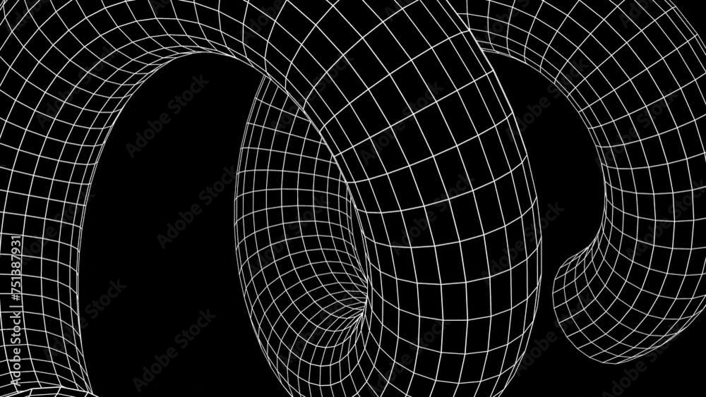 3d abstract wireframe grid neon laser line art white shape. Futuristic retro 80s 90s sci-fi background. Spiral object. Animation 30fps 4k loop