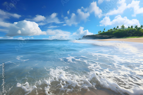 Tropical beach with blue sky and white clouds. Nature composition.