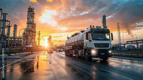  Transportation of oil and natural gas by truck. Oil Refinery factory and petrochemical plant. Petroleum industry. The lifeblood of industry.