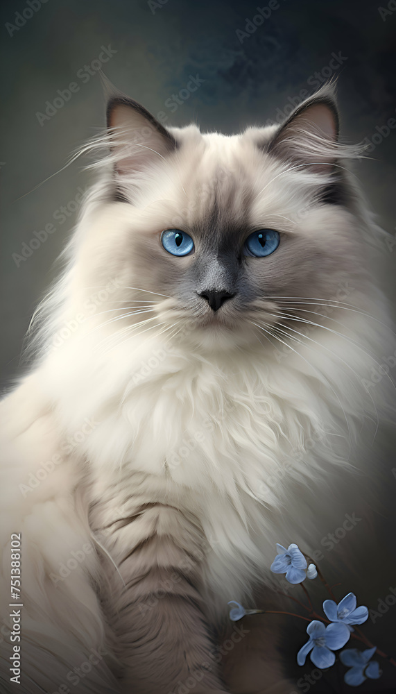 Portrait of a ragdoll cat with blue eyes and flowers