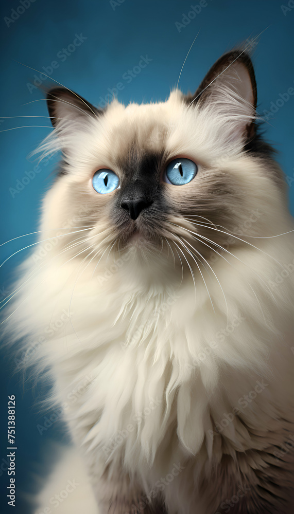 Portrait of a ragdoll cat with blue eyes on blue background