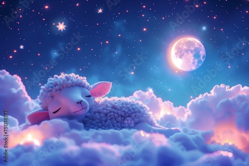 Dreamy Lamb Sleeping on Clouds Under Starlit Sky