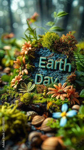 Celebrating Earth Day with a beautifully crafted eco-friendly 3D text design amidst a natural setting with moss, walnut shells, and delicate spring blossoms