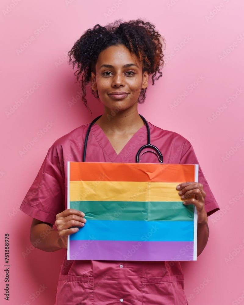 Healthcare professional in scrubs holding a rainbow flag, symbolizing support for LGBTQ+ community Healthcare professional in scrubs holding a rainbow flag, symbolizing support for LGBTQ+ community