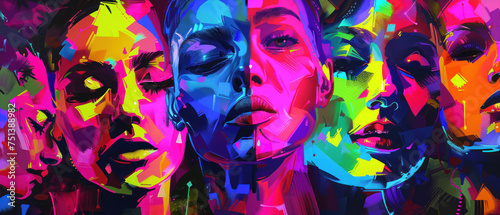 Neon Crowd Faces, Abstract portraits in neon shades, Collective individuality