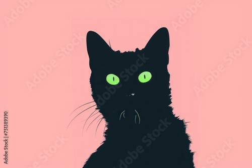 Minimalist Black Cat  Neon green eyes  Pastel pink background