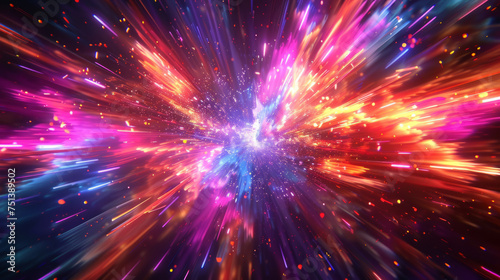A vibrant image depicting a dynamic burst of multicolored light rays emanating from a central point  creating an intense effect resembling a high-speed journey through a space or digital tunnel.