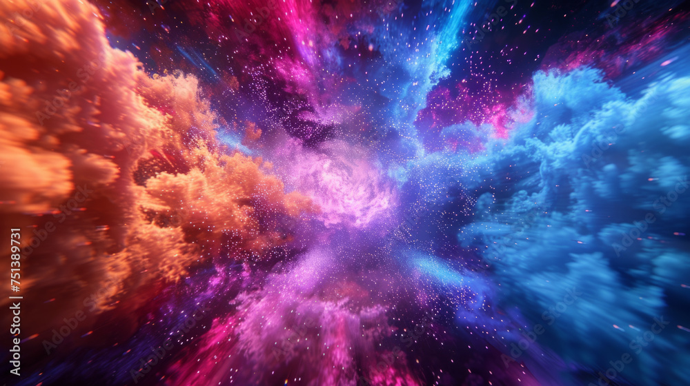 A vibrant cosmic image depicting a nebula with intense colors, ranging from deep blues and purples to bright pinks and oranges, resembling a celestial explosion in outer space. - obrazy, fototapety, plakaty 