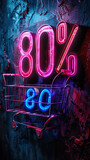 Vibrant neon sign glowing with 80% discount offer on a textured dark wall, symbolizing sales promotion, price reduction, and marketing in retail and shopping
