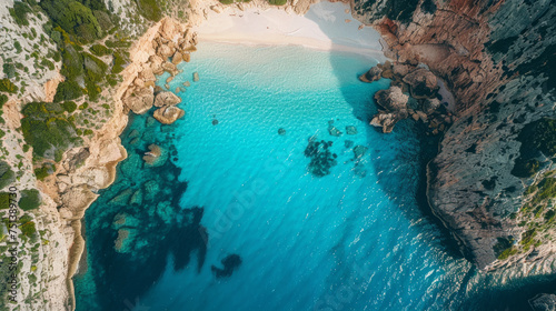 Aerial view of a serene, turquoise coastal water body surrounded by rugged cliffs, showcasing a secluded sandy beach. The scenic natural beauty of the cove is highlighted by the clear blue sky. © ChubbyCat