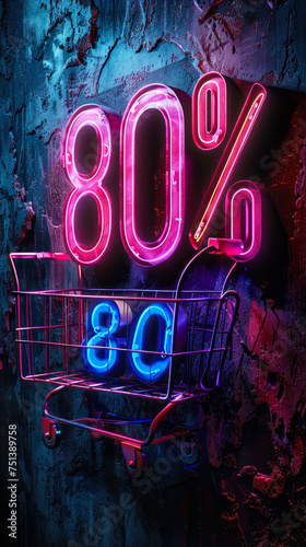 Vibrant neon sign glowing with 80% discount offer on a textured dark wall, symbolizing sales promotion, price reduction, and marketing in retail and shopping
