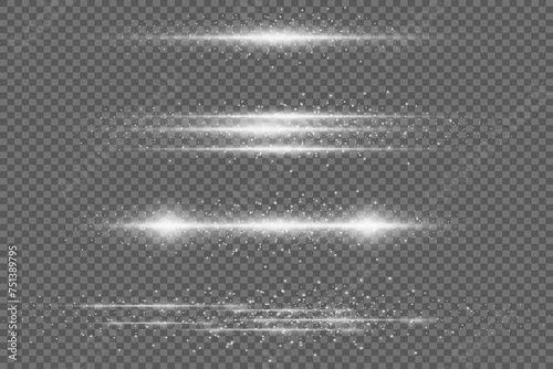 Horizontal light rays, glowing white line on transparent background, pack of white horizontal lens flares, laser beams, beautiful light flash, bright white flares, vector illustration, eps 10.