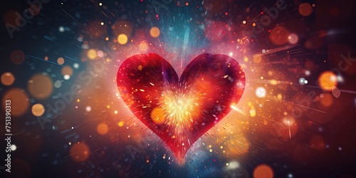 Artistic of a vibrant exploding heart against a soft, bokeh-lighted background