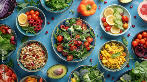 An array of vibrant, healthy food featuring fresh vegetables, various salads, and grains neatly presented in bowls against a cool blue background.
