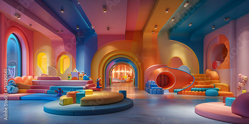 Whimsical and colorful children's play area in a hotel lobby with interactive games and toys for kids freshness 