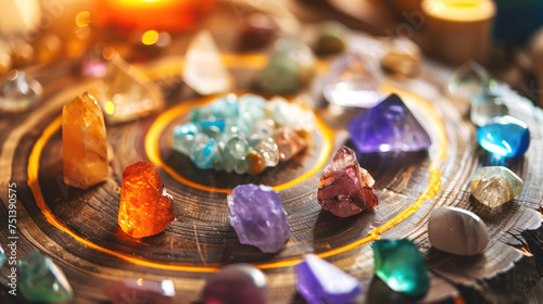 Precious stones in the forest in the rays of the sun, Magic still life for esoteric crystal ritual, witchcraft, spiritual practice