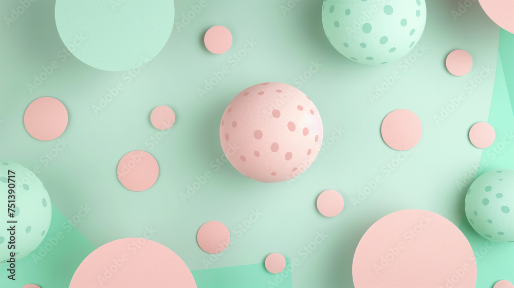 Playful dotted design in a pastel pink and mint green palette, styled with lightheartedness and minimalistic circles, offering a gentle contrast, evoking a sweet and fresh ambiance