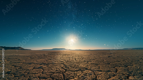A vast desert landscape at night with a bright moon illuminating the starry sky. The cracked earth in the foreground suggests extreme dryness, while distant mountains add depth to the scene.