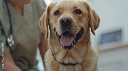 Close-up of a happy golden retriever with tongue out sitting next to a veterinarian in a clinic environment, the focus is on the dog's face expressing trust and care.