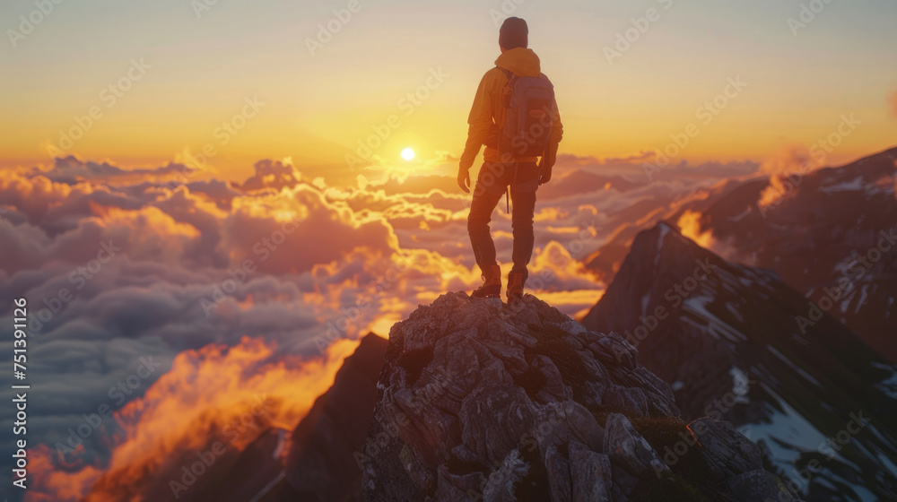 Adventurer stands on a mountain peak at sunrise, overlooking a sea of clouds and rugged terrain, with the warm glow of sunlight on the horizon.