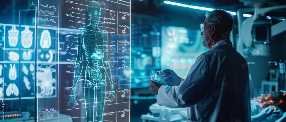 A doctor attends to a patient while utilizing a futuristic holographic touchscreen display showcasing the anatomy of a human body and its organs A doctor attends to a patient while utilizing a futuristic holographic touchscreen display showcasing the anatomy of a human body and its organs