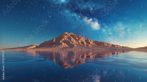 A tranquil scene featuring a majestic mountain mirrored perfectly in the still waters below under a starry night sky.