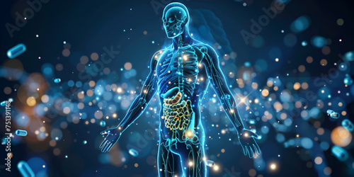 Blue Human Anatomy with growing gut microbiota in human health and disease for science concept background 