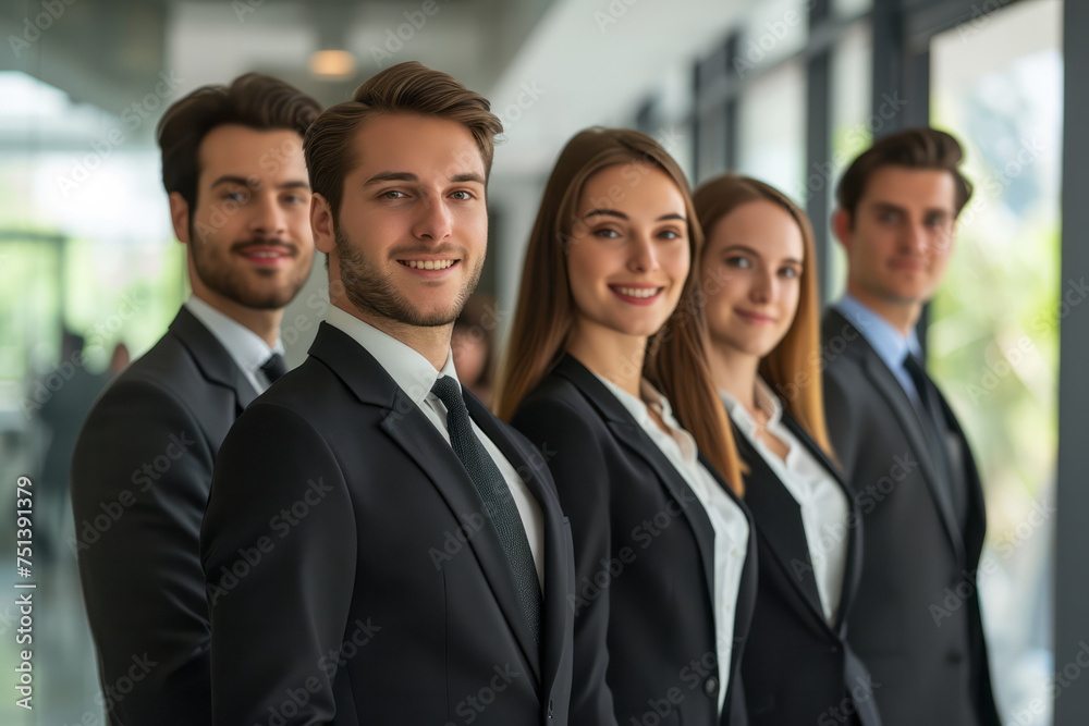 A group of diverse business professionals in formal attire standing in a row next to each other A group of diverse business professionals in formal attire standing in a row next to each other